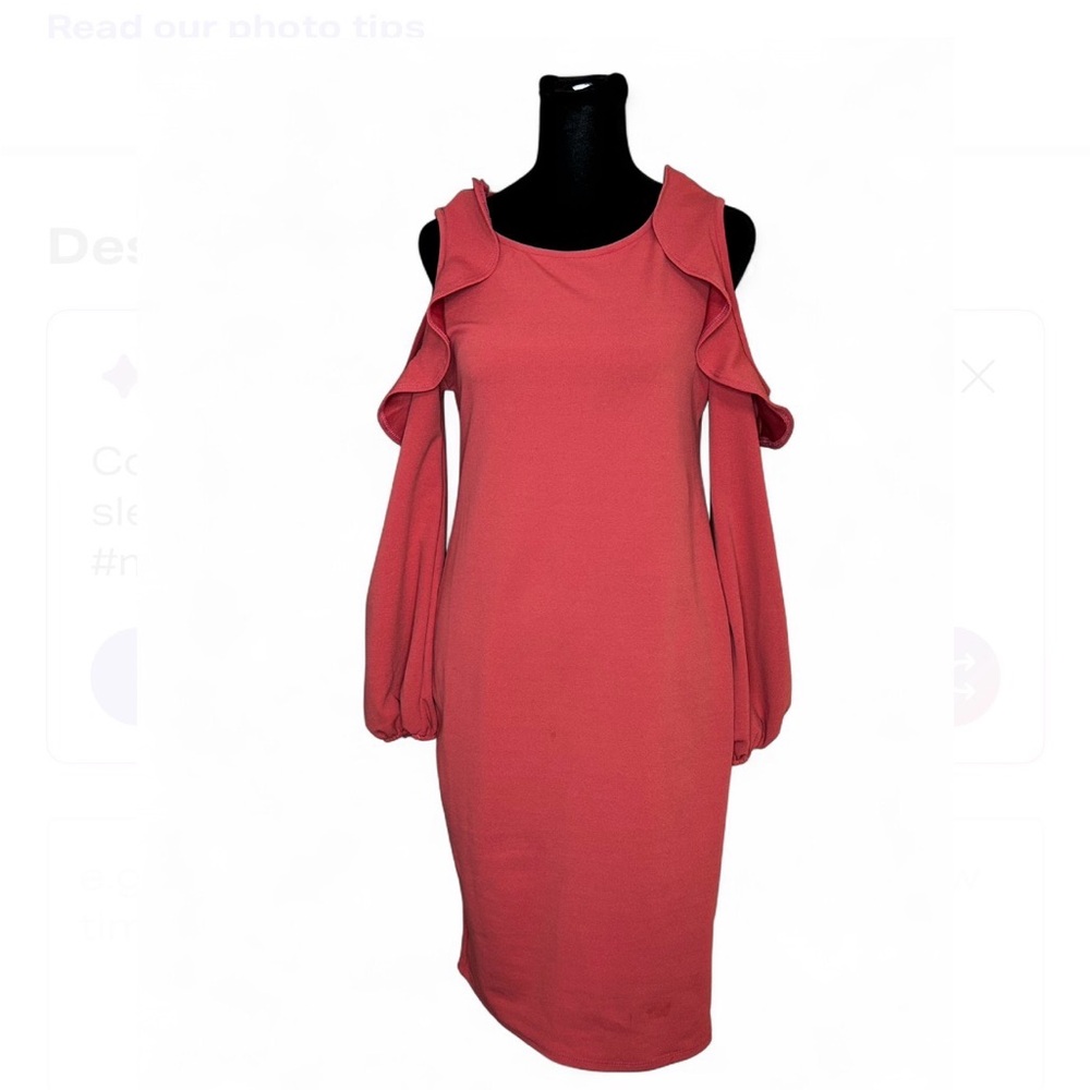 PINKBLUSH Cold Shoulder Long Sleeve Dress Coral Pink Ruffle Shoulder Long Sleeve